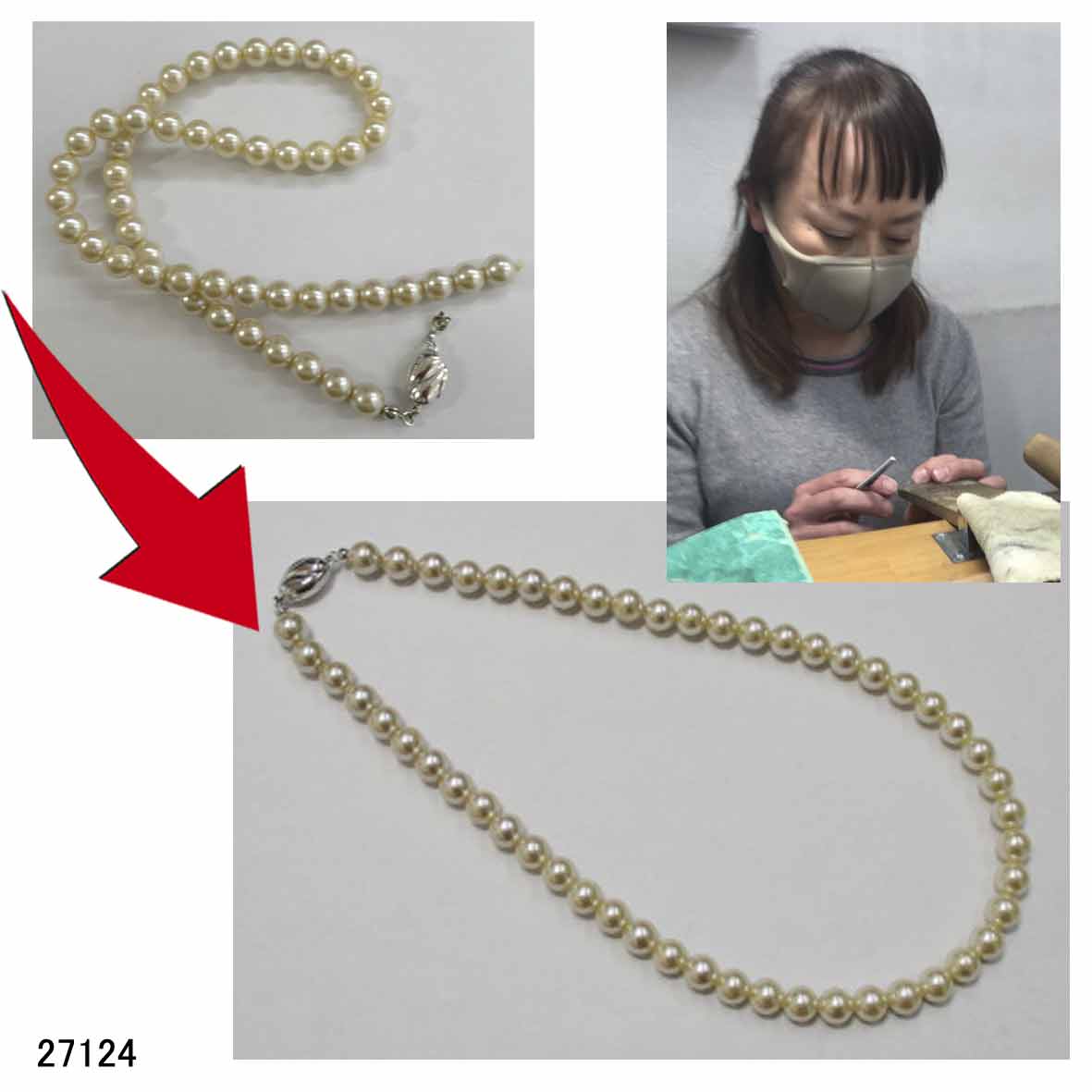 27124パールネックレス糸金具交換 27124